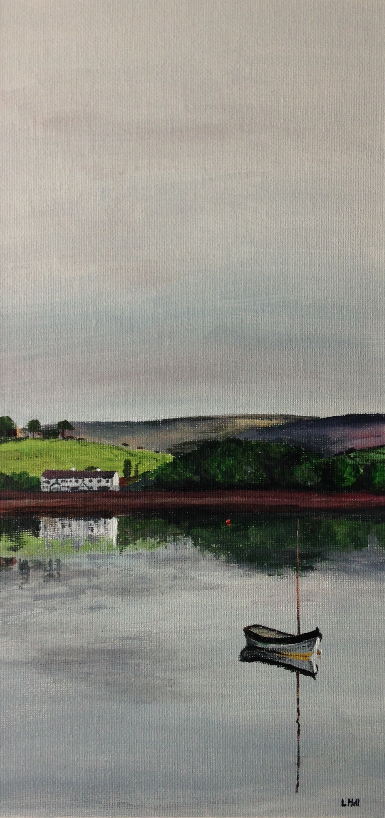 Boat on Hollingworth Lake acrylic painting by Louisa Hill