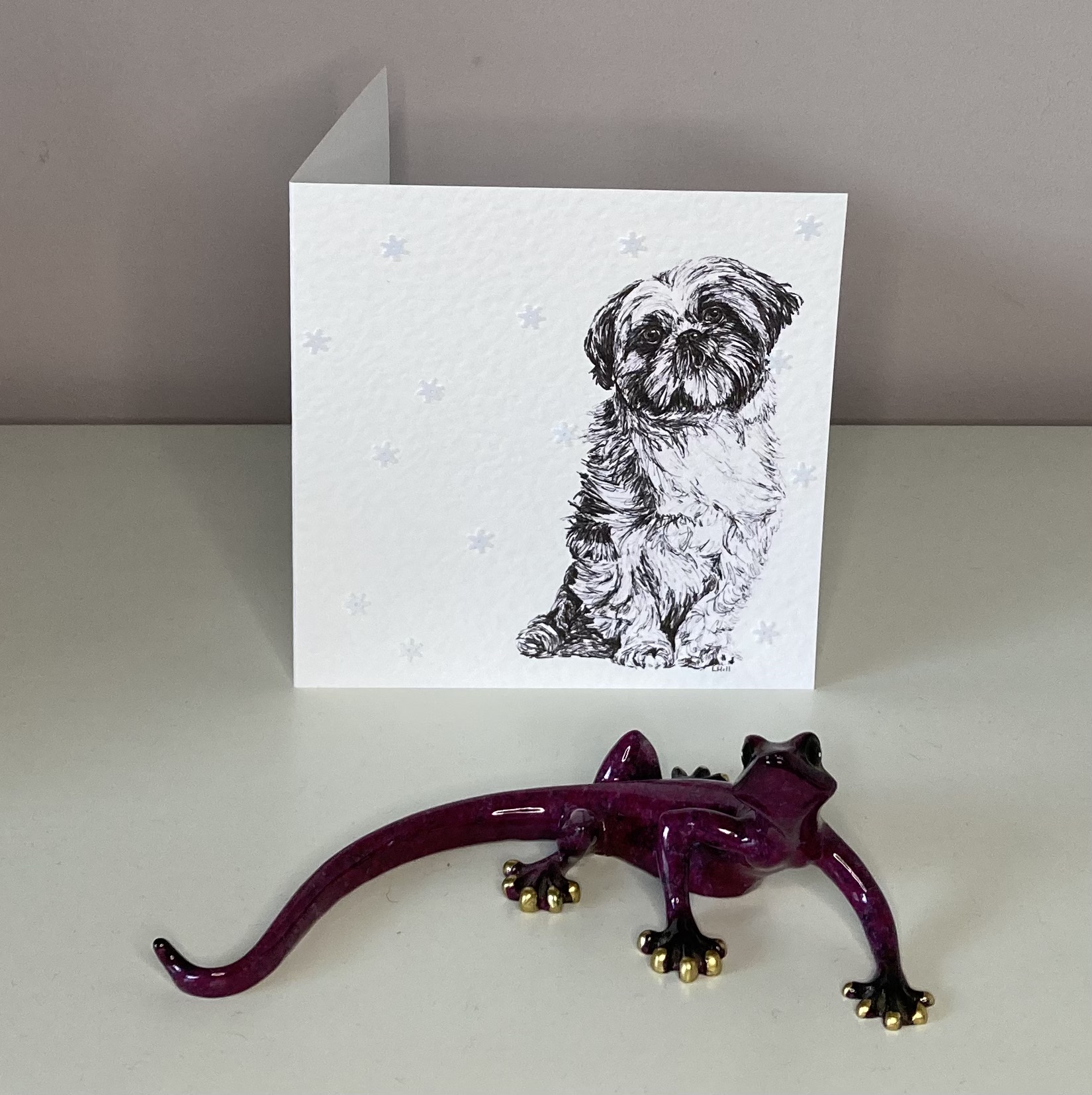 Shih Tzu with snowflakes Christmas card by Louisa Hill