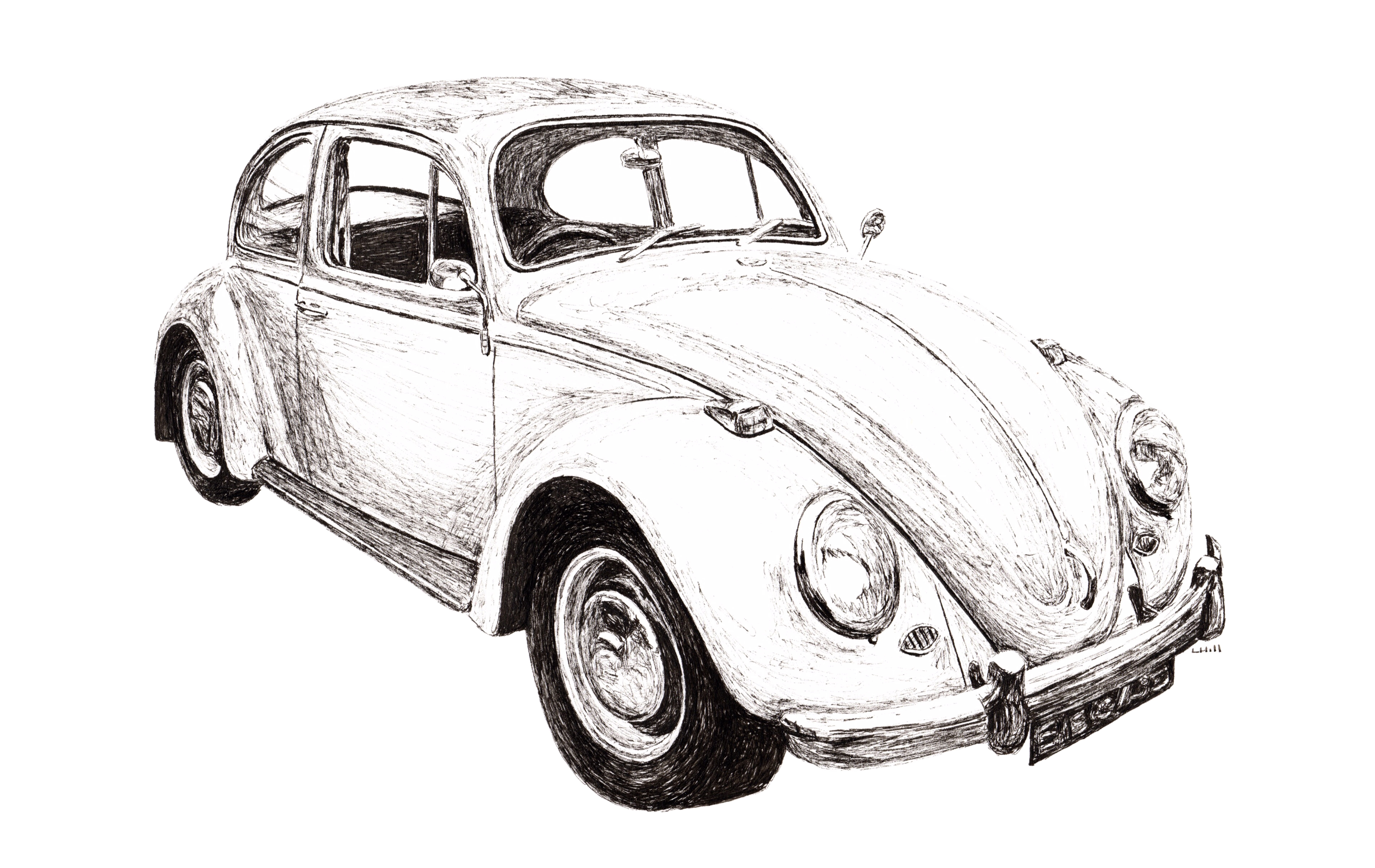 1967 VW Beetle pen and ink illustration by Louisa Hill