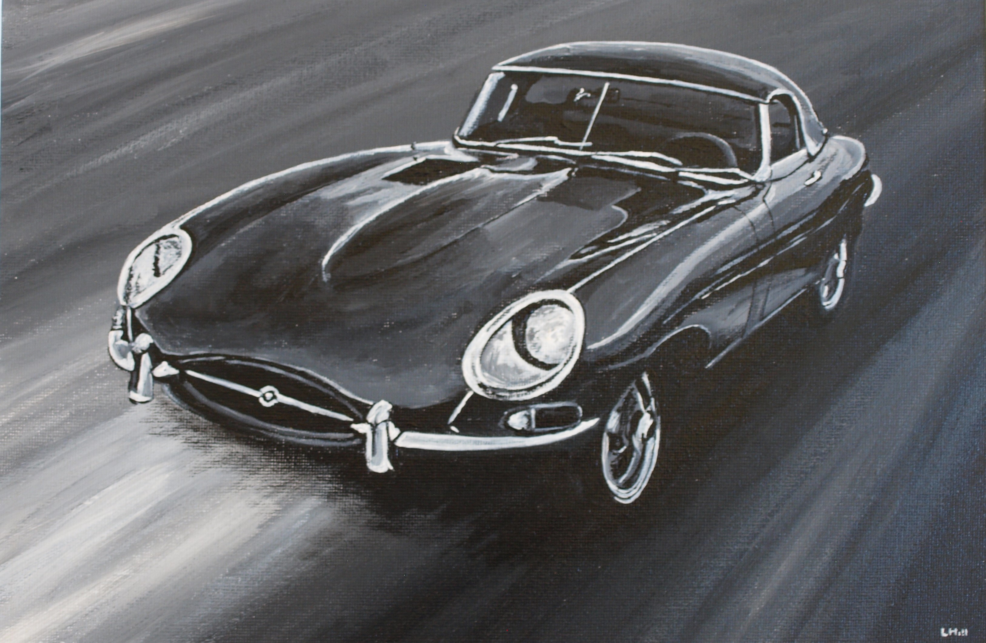 Jaguar E-type acrylic painting by Louisa Hill