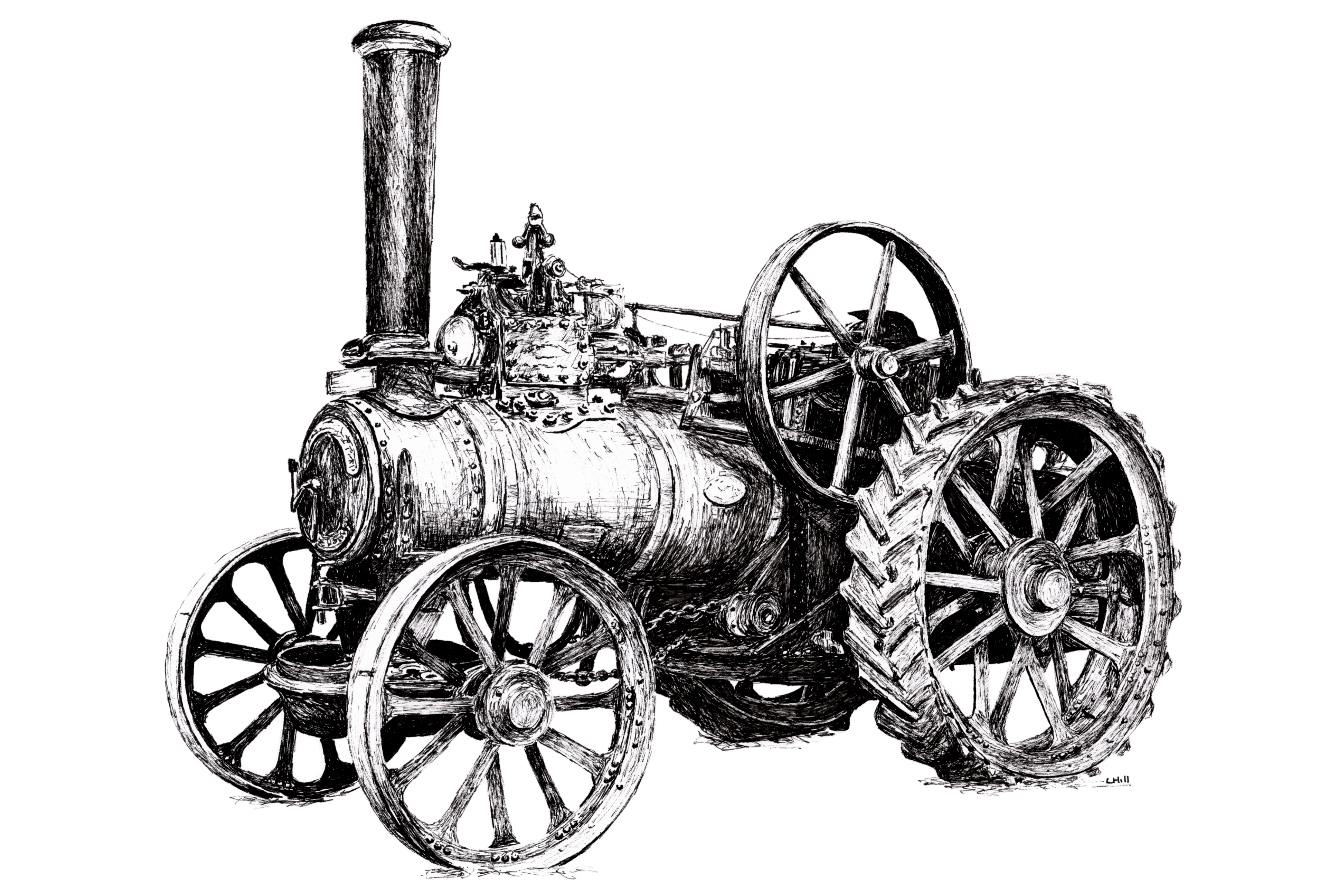 Fowler Traction Engine pen and ink illustration by Louisa Hill