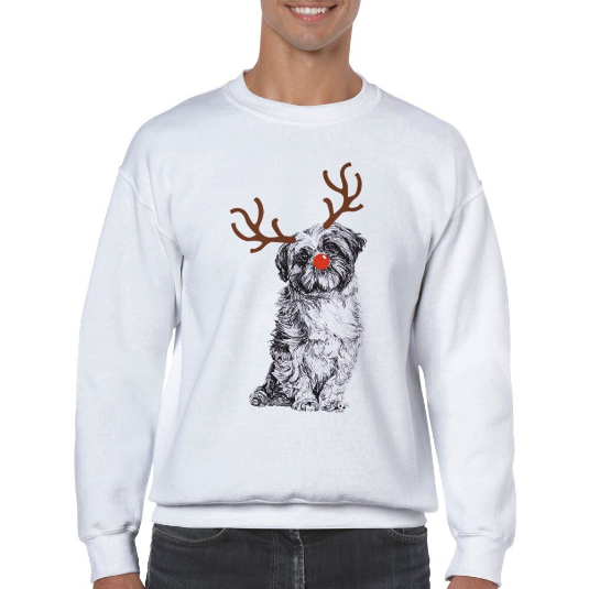Shih Tzu with reindeer antlers and red nose Christmas jumper by Louisa Hill
