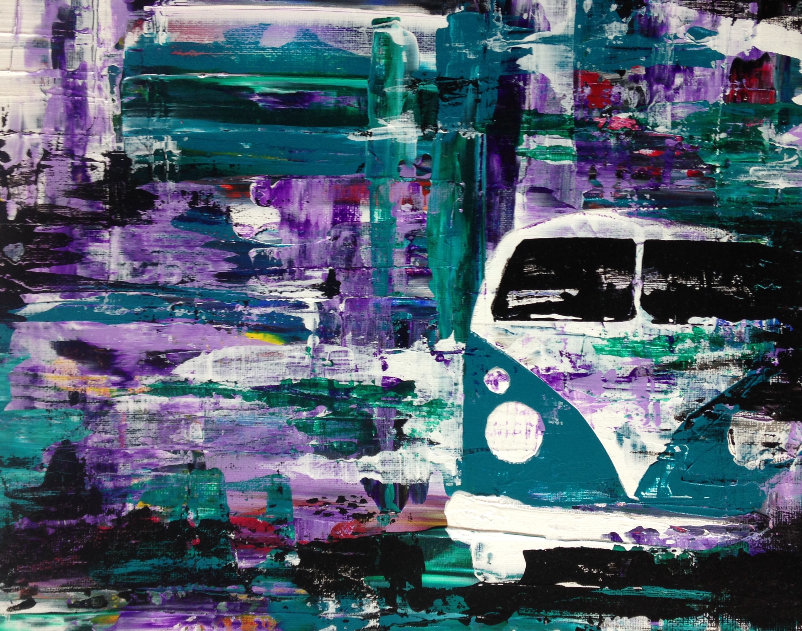 VW Split screen campervan abstract acrylic painting by Louisa Hill