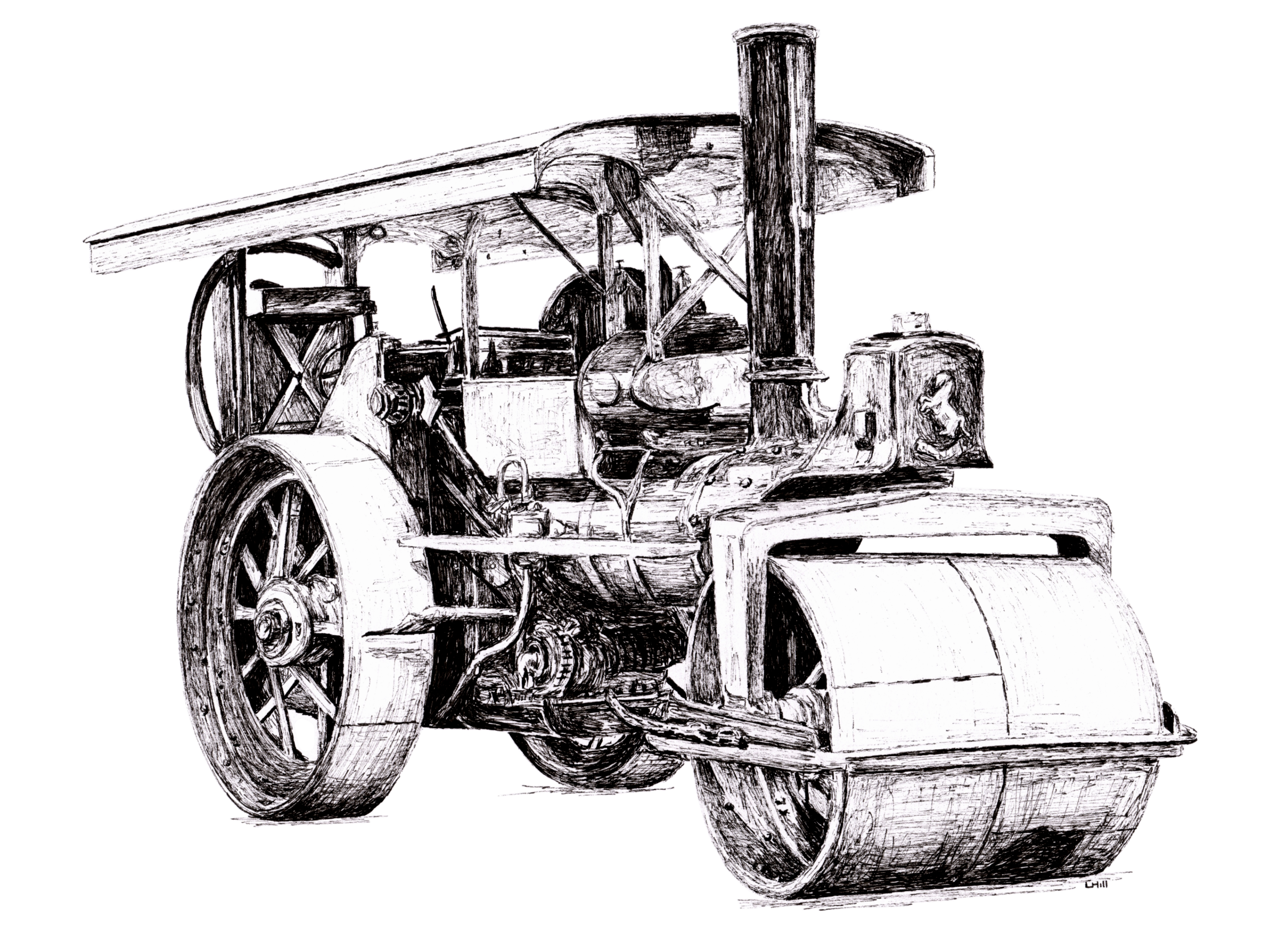 Aveling & Porter Road Roller Traction Engine pen and ink illustration by Louisa Hill