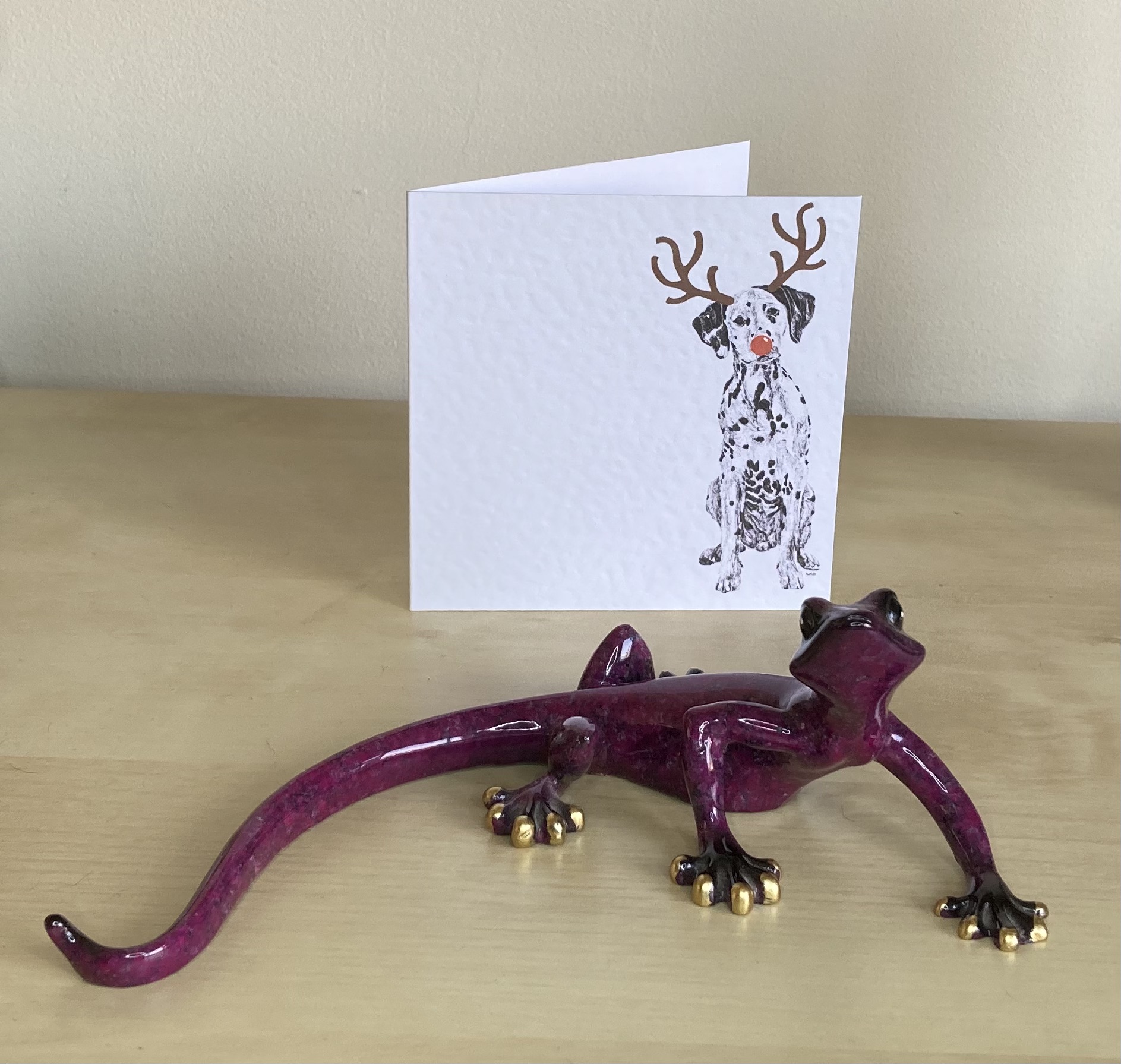 Dalmatian with reindeer antlers and red nose Christmas card by Louisa Hill