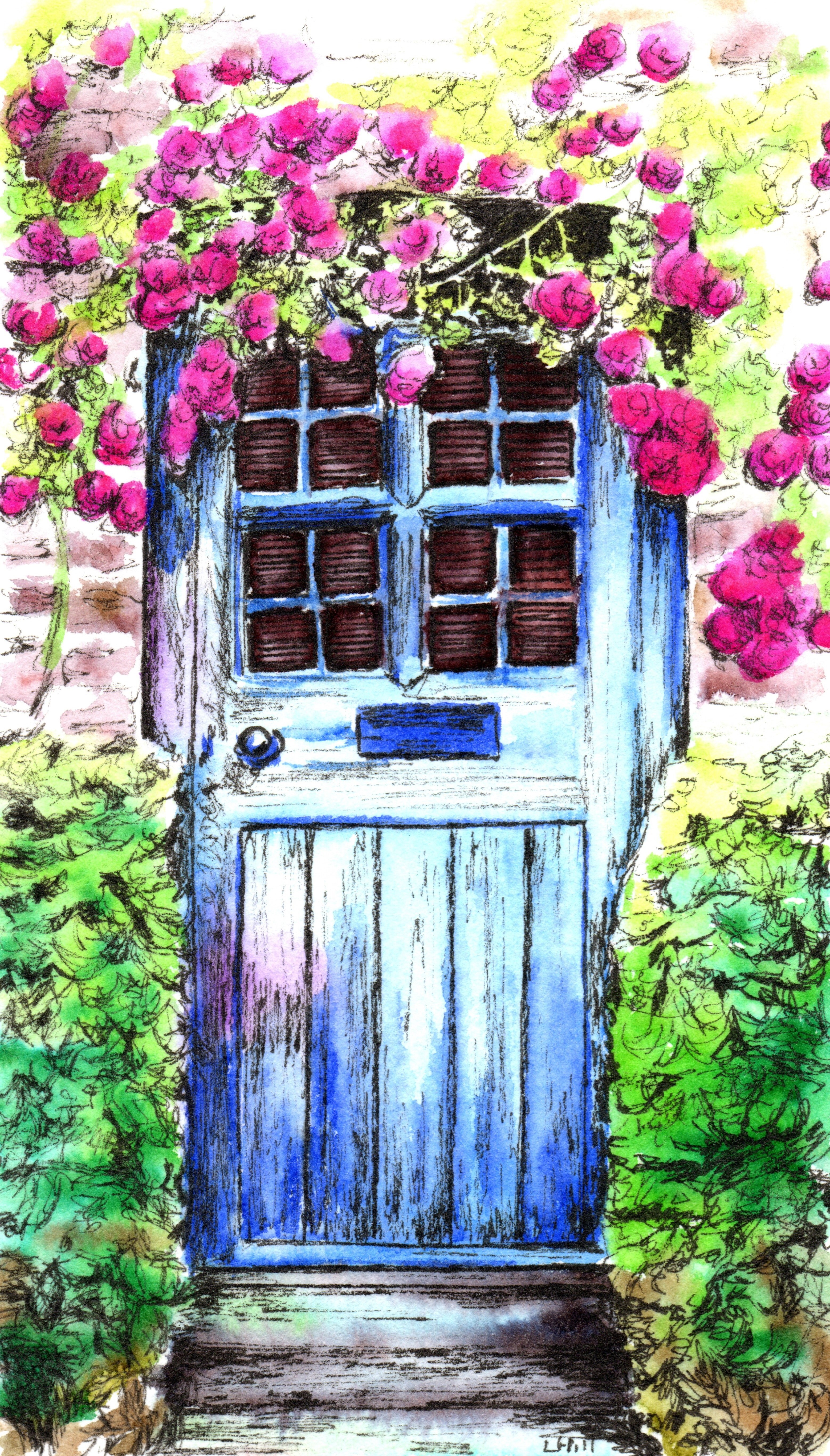 Blue door with pink flowers watercolour and  pen and ink illustration by Louisa Hill