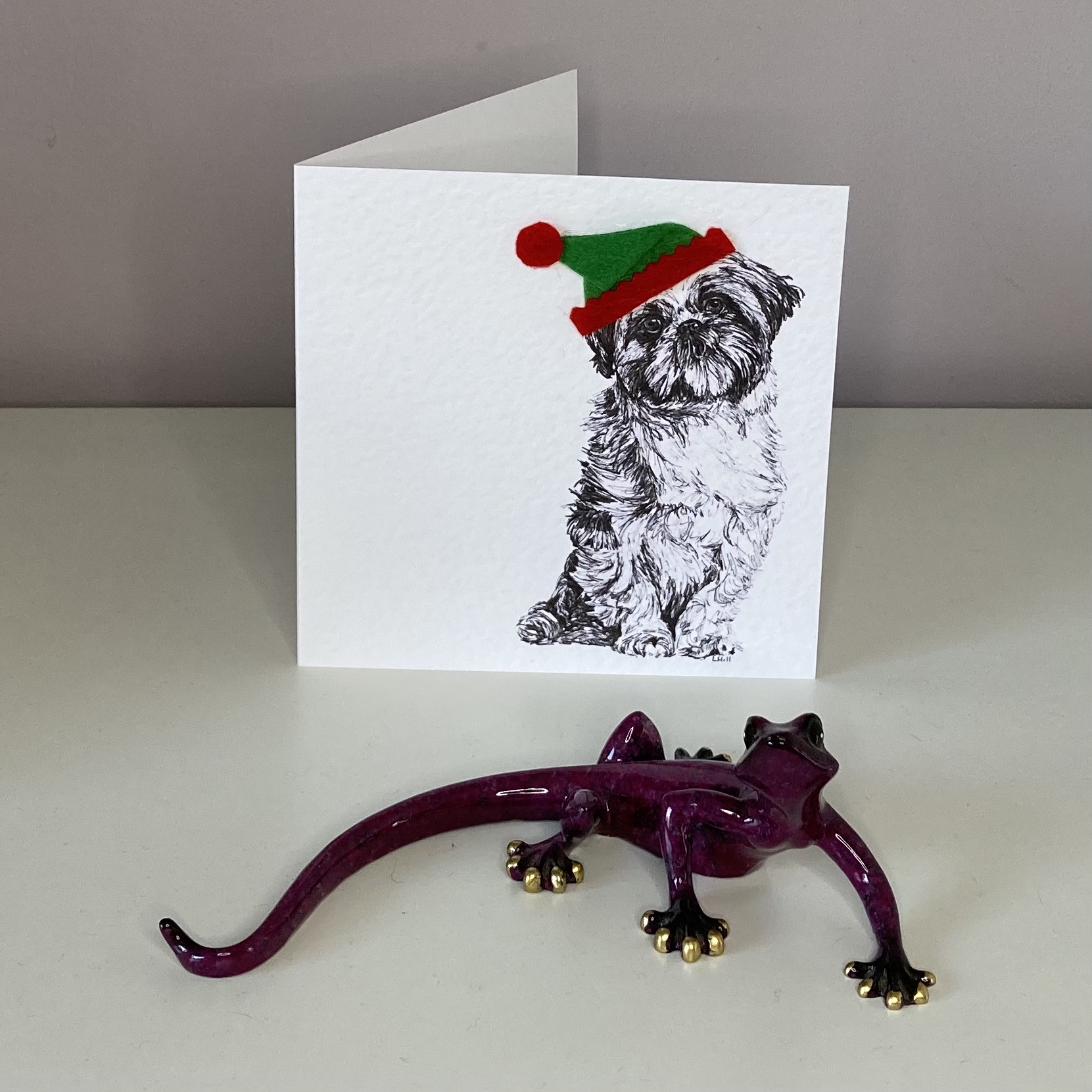 Shih Tzu with elf hat Christmas card by Louisa Hill