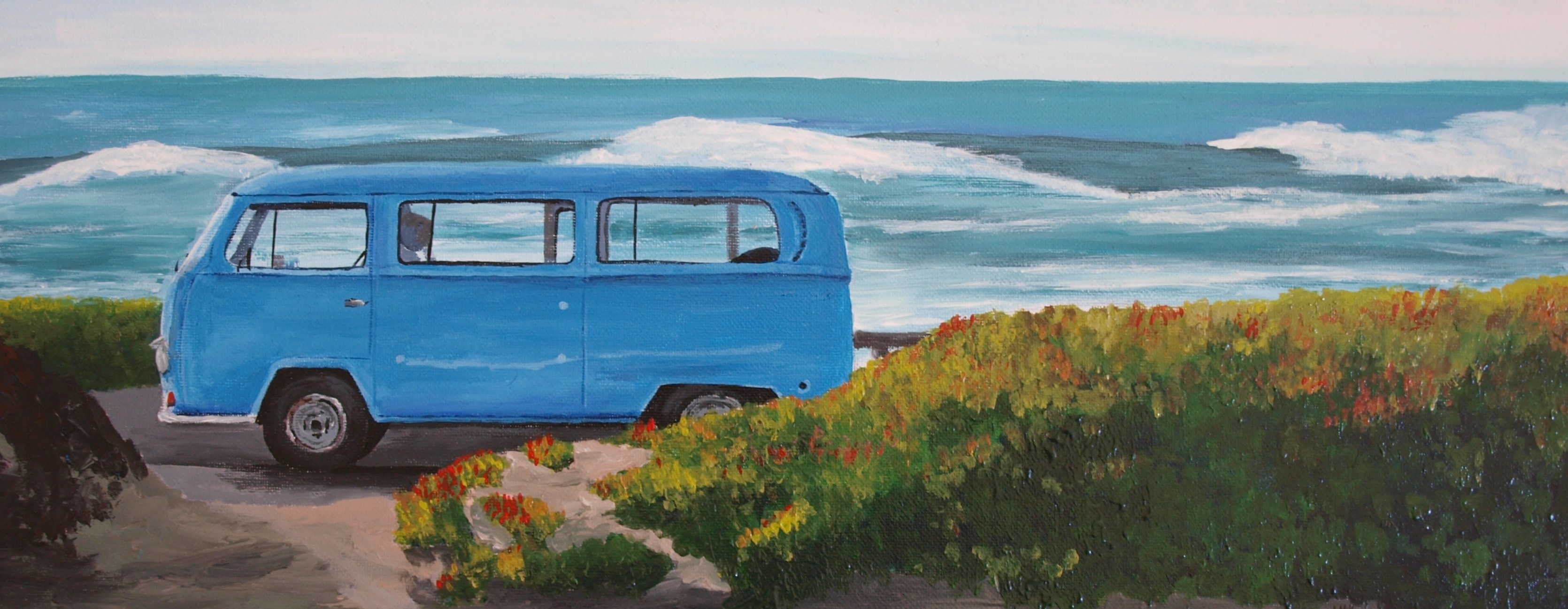 VW Bay Window Campervan by the Sea pen and ink illustration by Louisa Hill