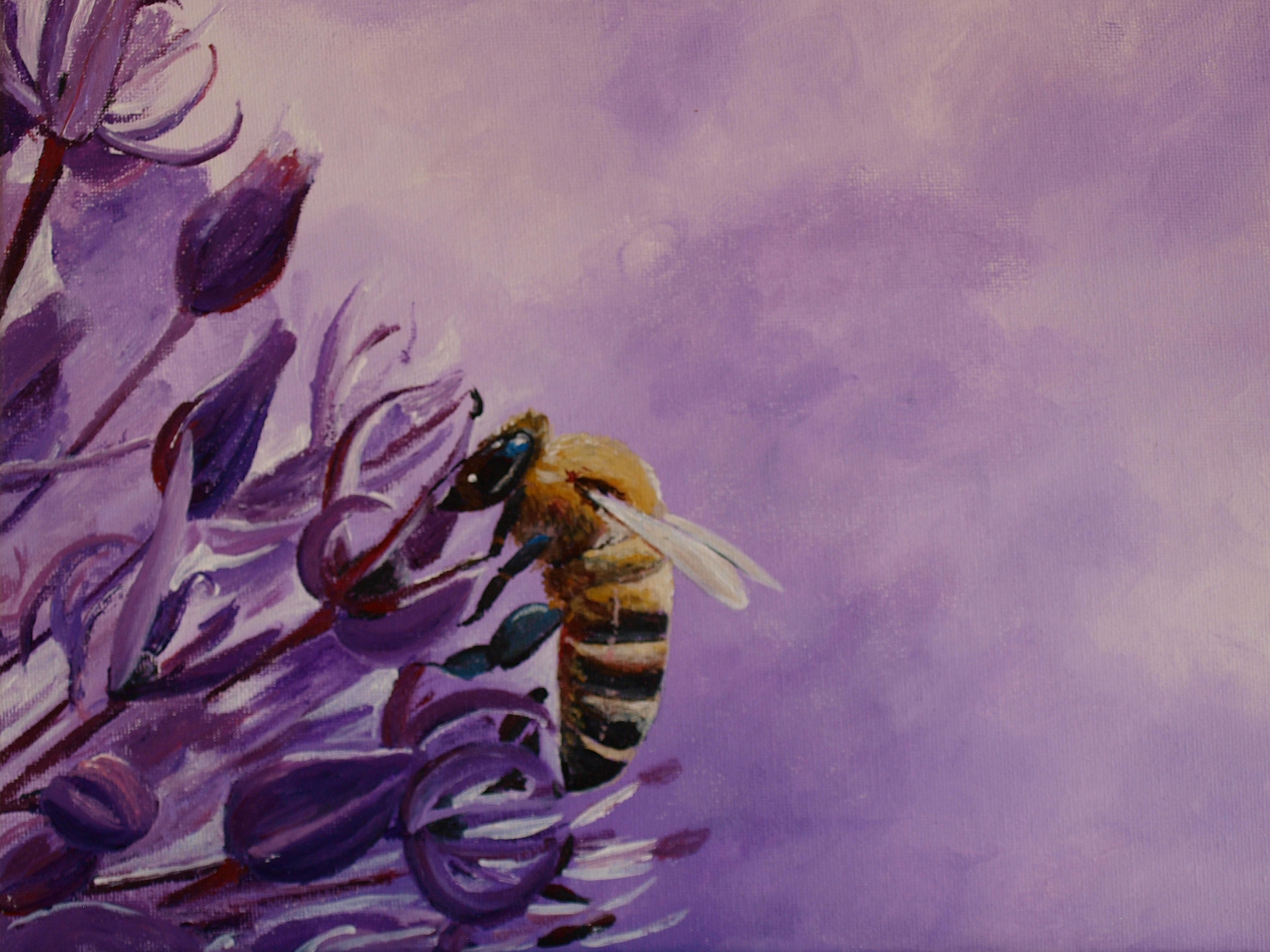 Bee with Purple Flowers acrylic painting by Louisa Hill