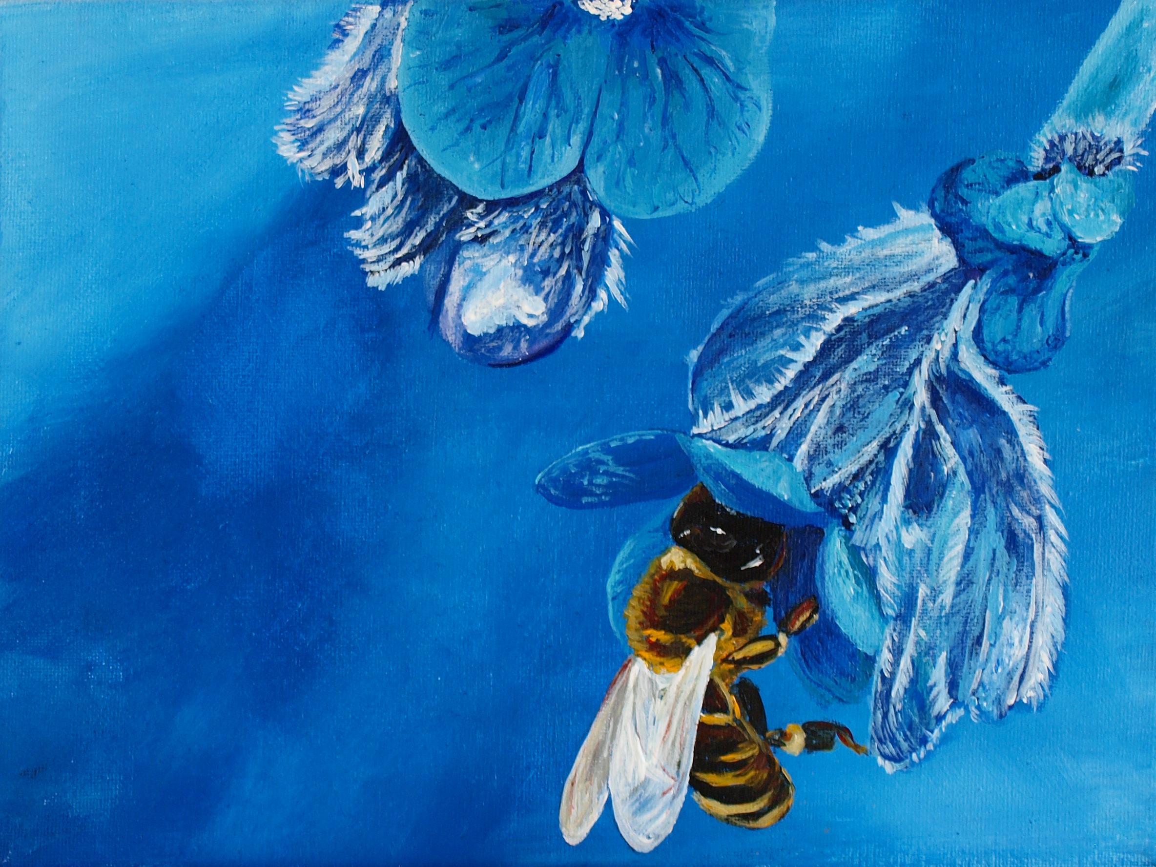 Bee with Blue Flowers acrylic painting by Louisa Hill