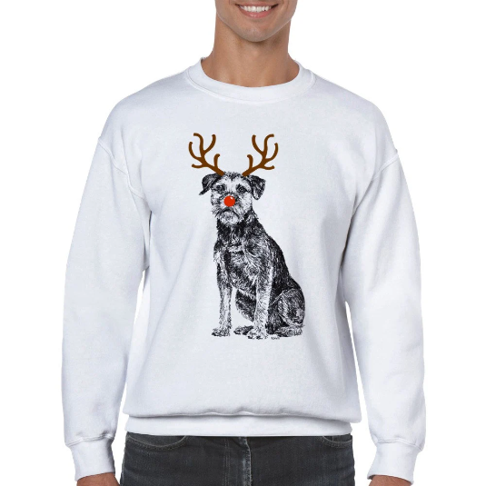 Border Terrier with reindeer antlers and red nose Christmas jumper by Louisa Hill
