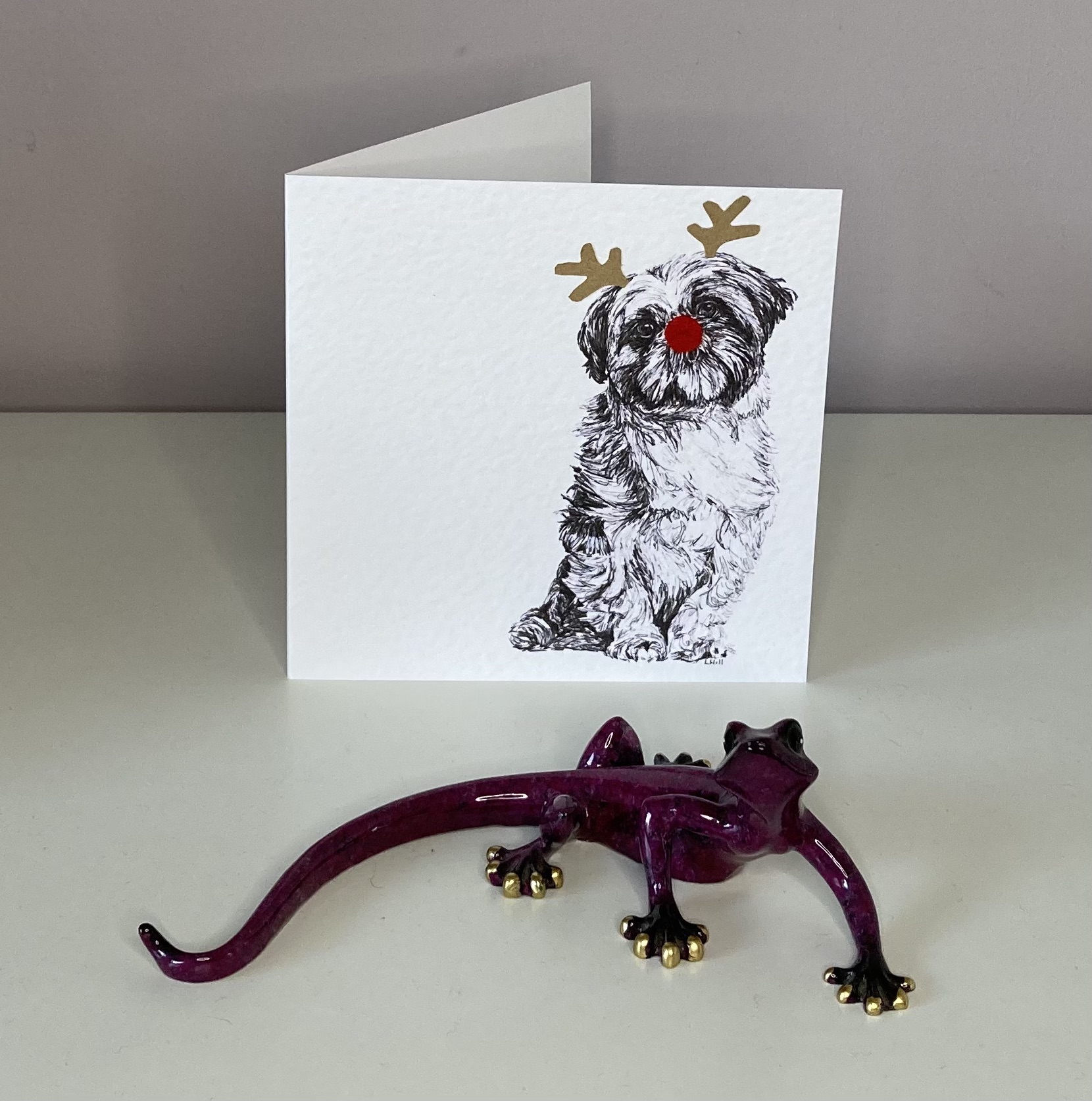 Shih Tzu with reindeer antlers and red nose Christmas card by Louisa Hill