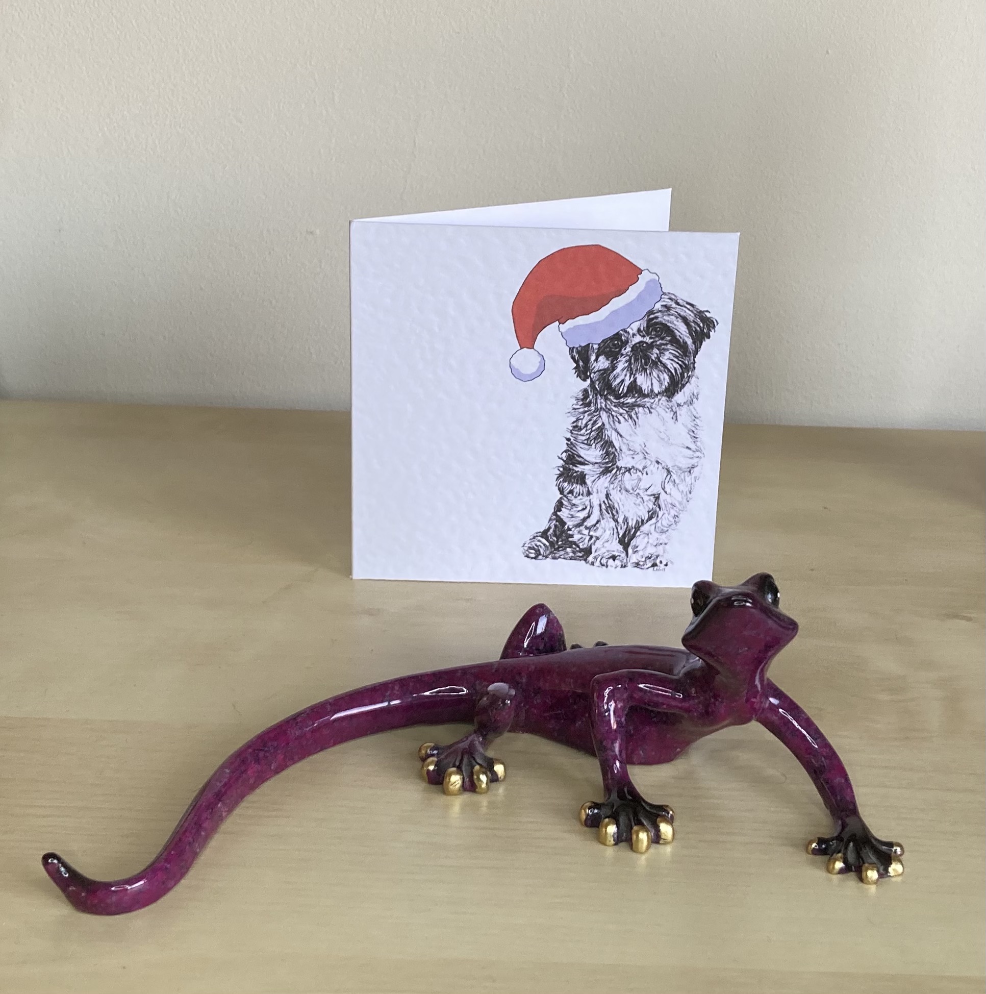 Shih Tzu with Santa hat Christmas card by Louisa Hill