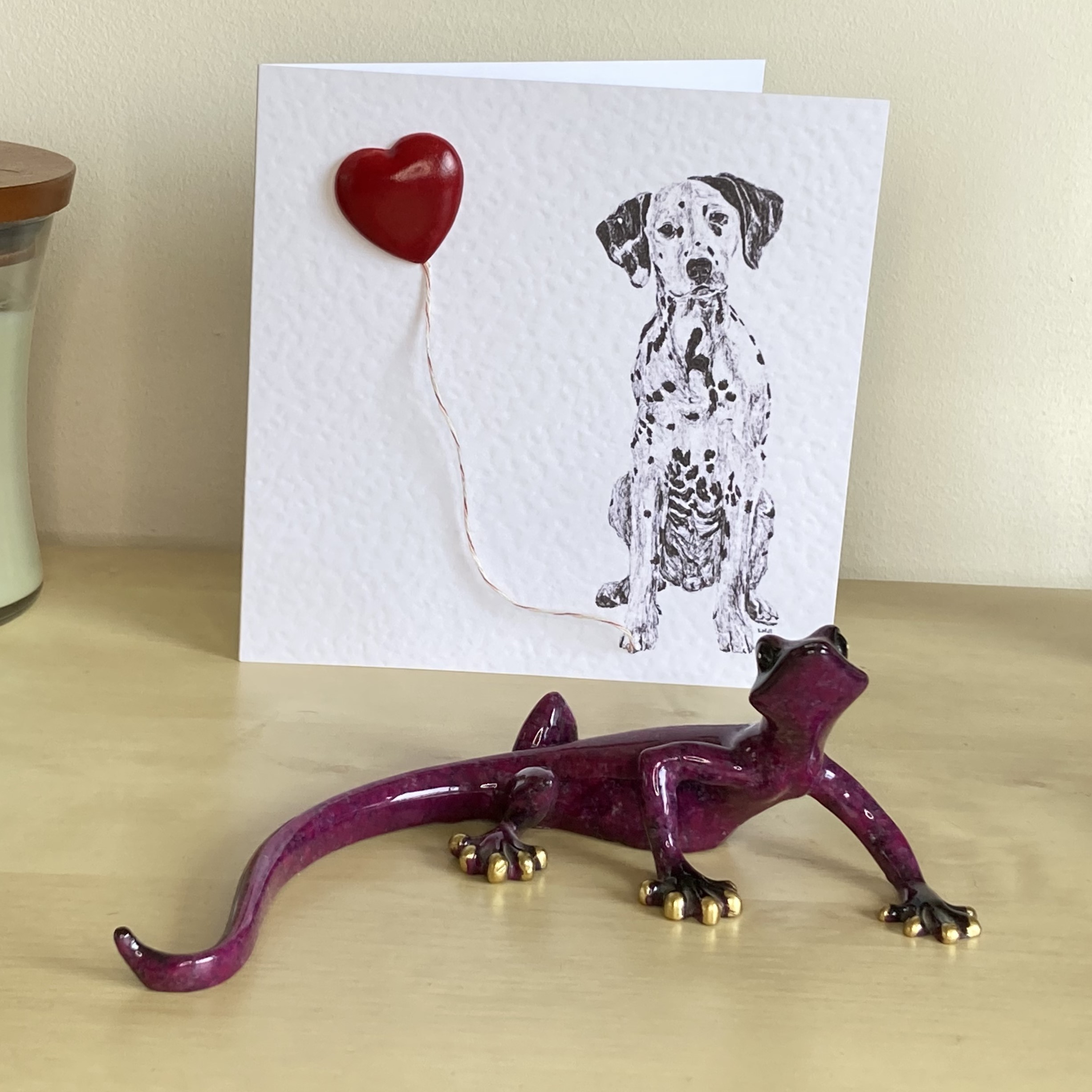 Dalmatian 15cm greetings card with 3D red heart balloon