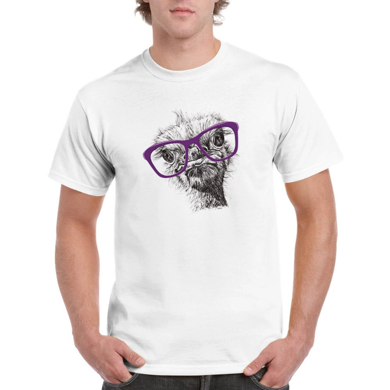 Ostrich in glasses t-shirt by Louisa Hill