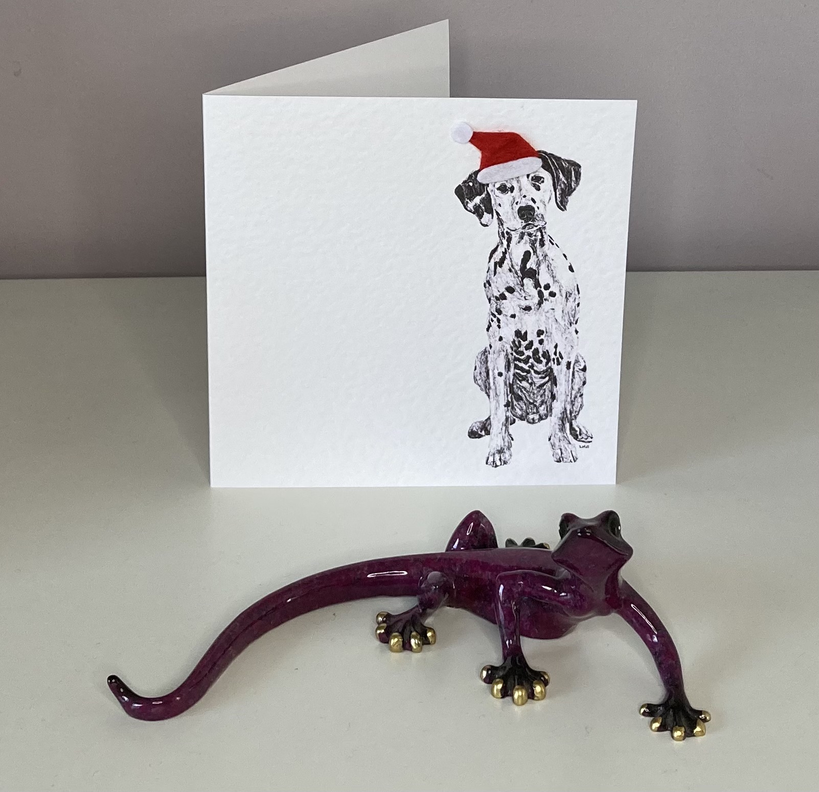 Dalmatian with Santa hat Christmas card by Louisa Hill