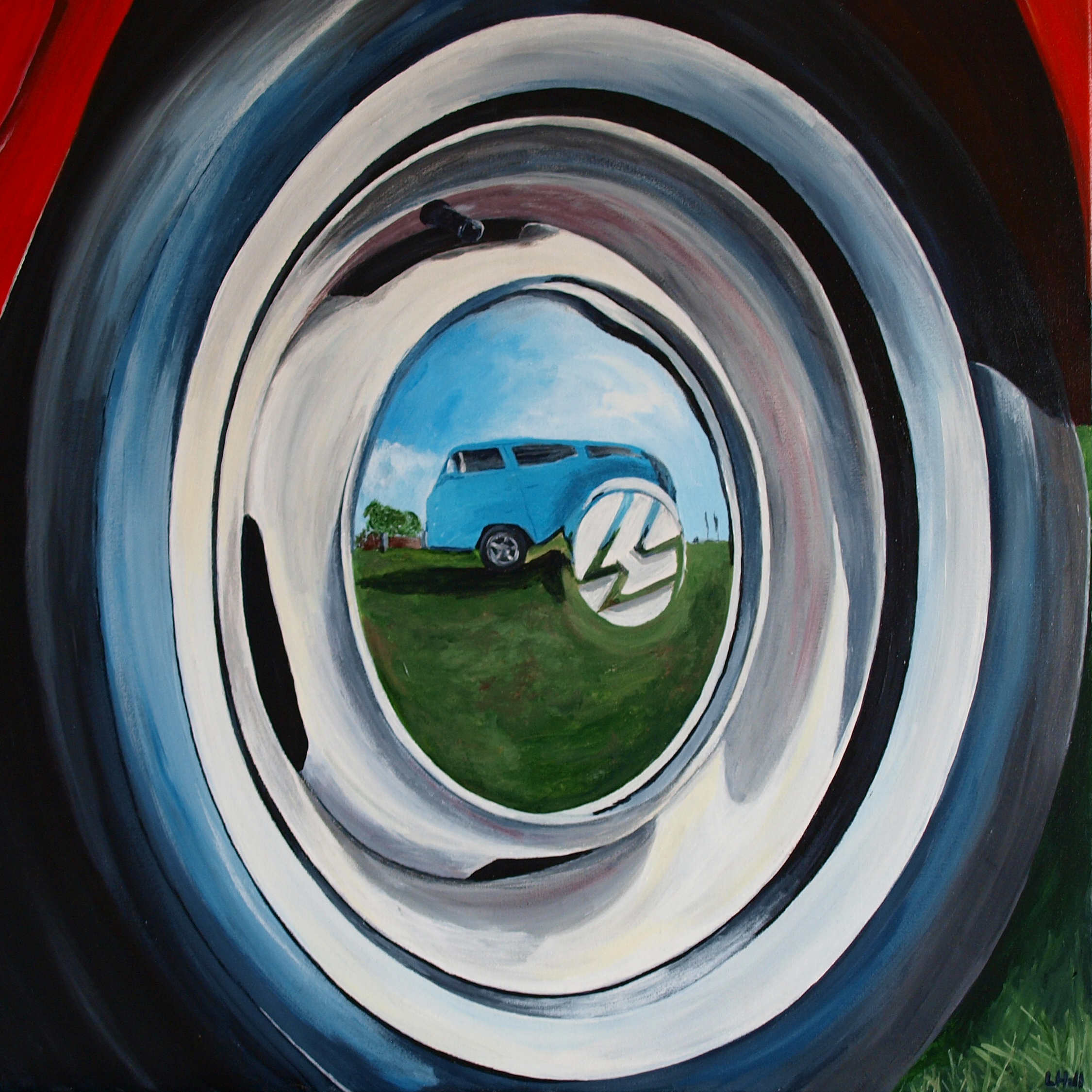 Reflection of a VW bay window campervan acrylic painting by Louisa Hill