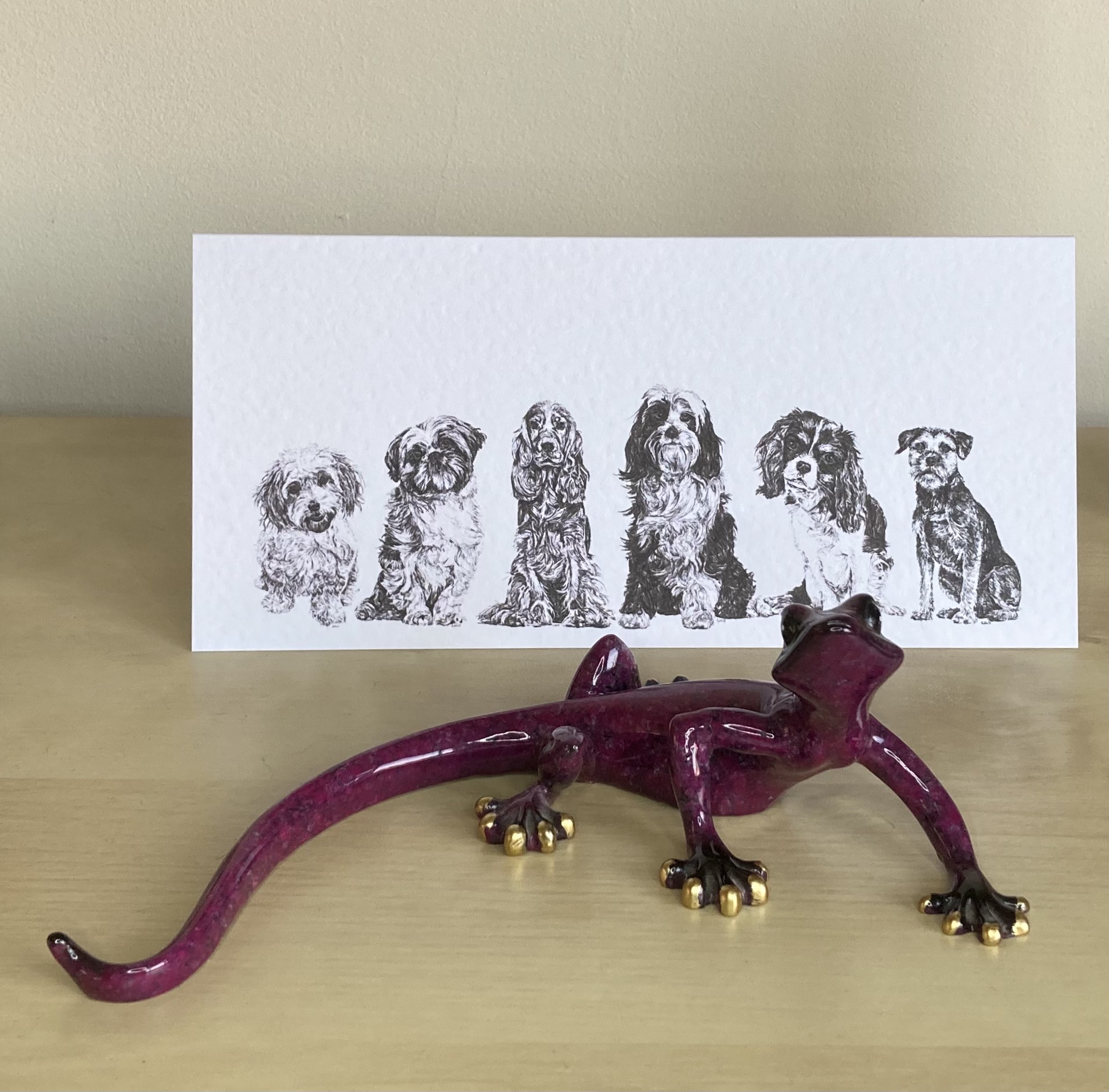 6 dogs pen and ink illustration greetings card, Cavachon, Shih Tzu, Cocker Spaniel, Tibetan Terrier, Cavalier King Charles Spaniel and Border Terrier by Louisa Hill