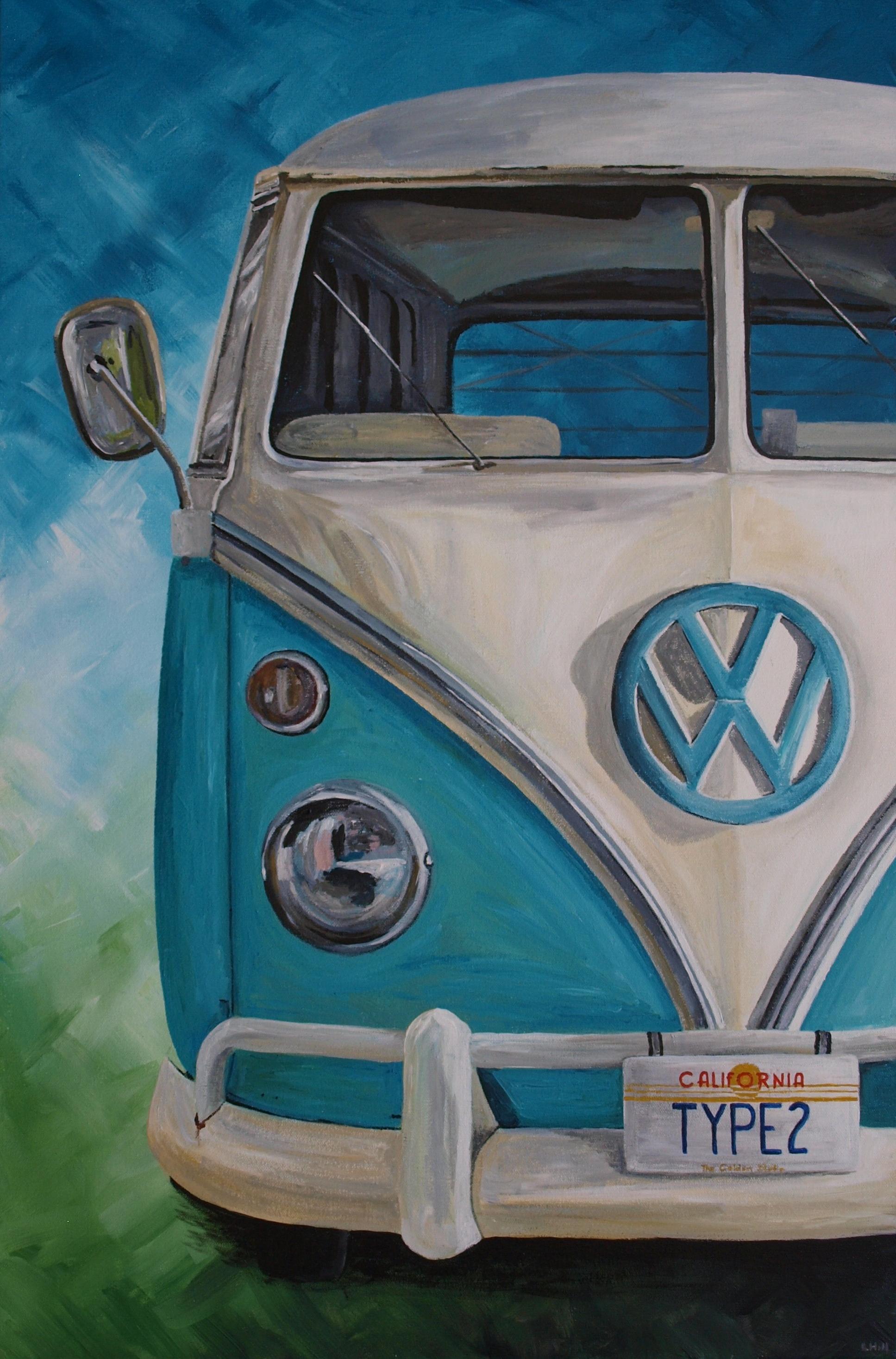 VW split screen campervan acrylic painting by Louisa Hill