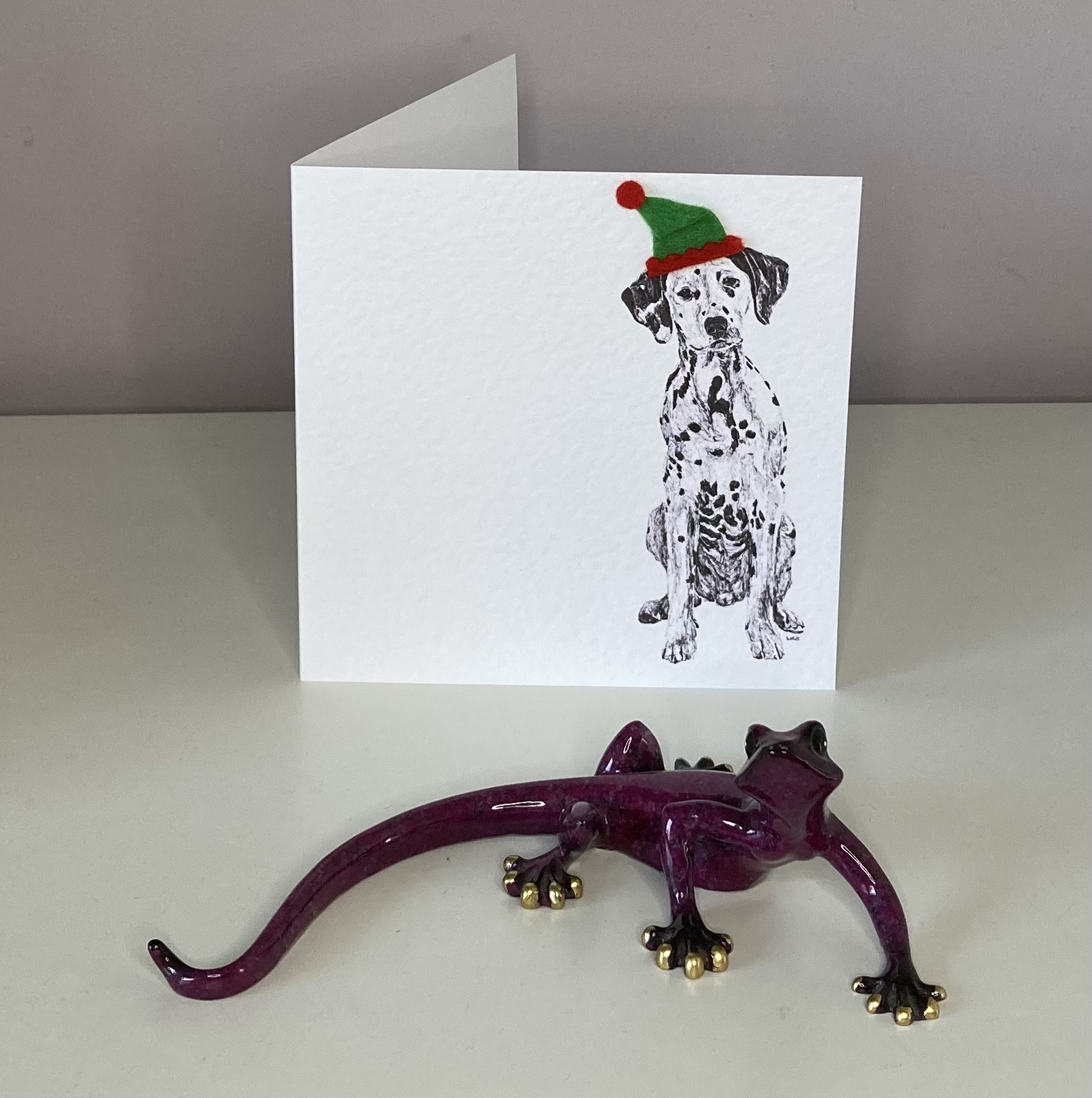 Dalmatian with elf hat Christmas card by Louisa Hill