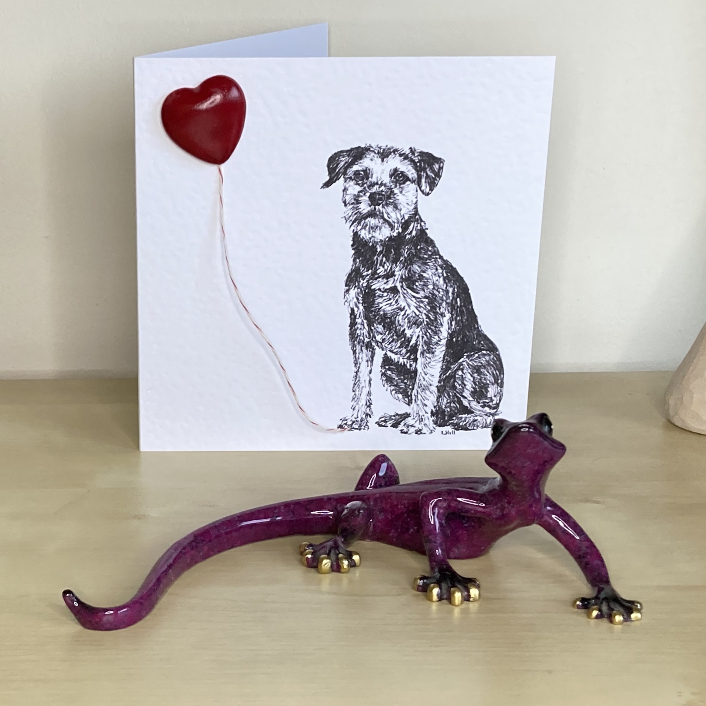 Border Terrier 15cm greetings card with 3D red heart balloon