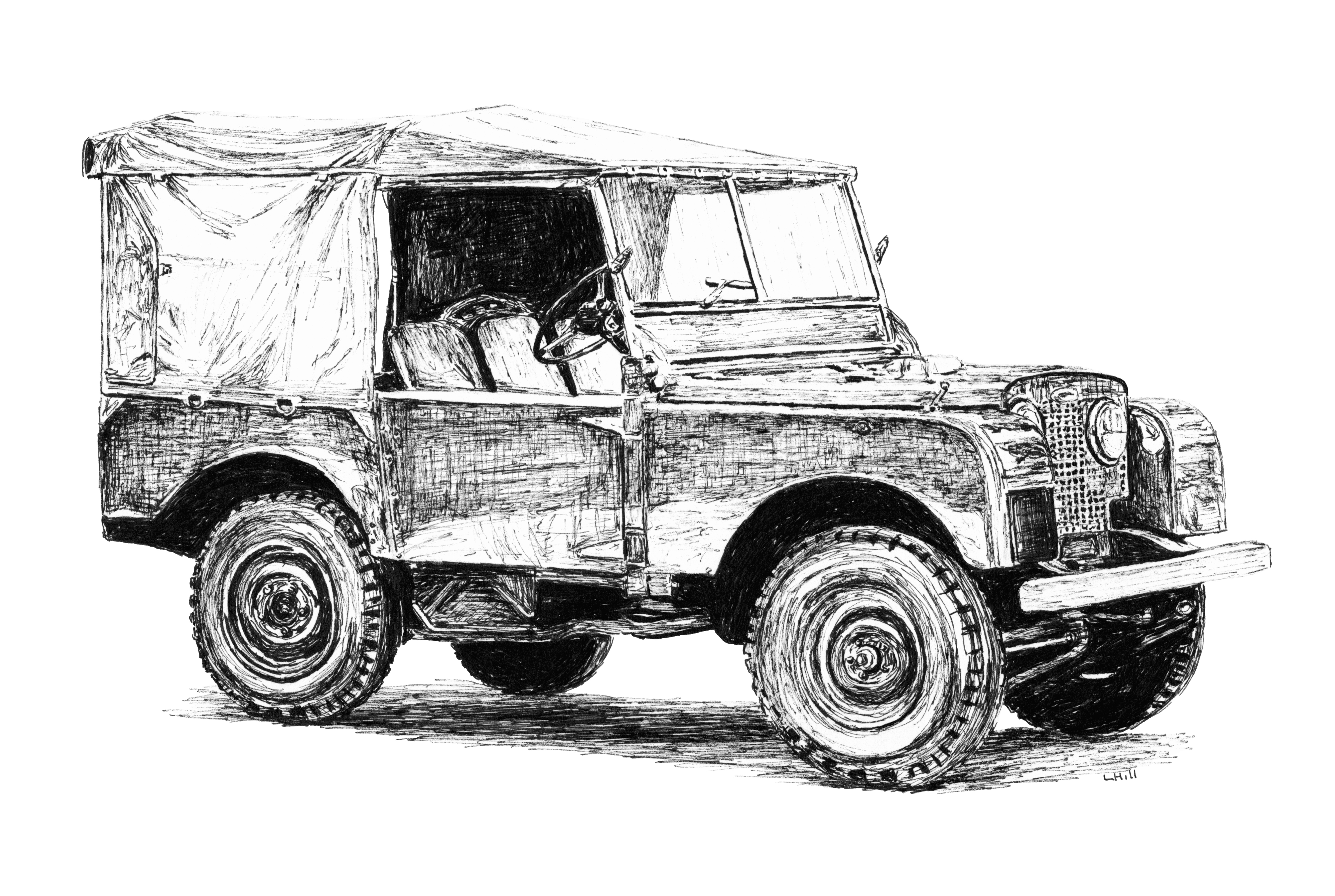 Land Rover Series 1 pen and ink illustration by Louisa Hill