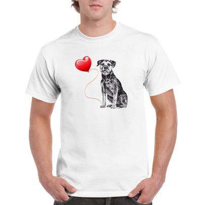 Border Terrier with a red heart t-shirt, pen and ink illustration by Louisa Hill