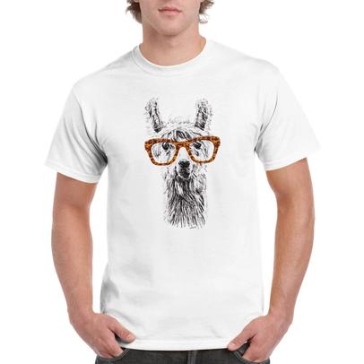 Llama wearing glasses t-shirt, pen and ink illustration by Louisa Hill