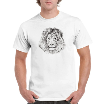 Lion t-shirt, pen and ink illustration by Louisa Hill